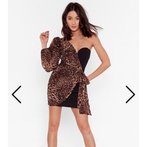 NastyGal Black and Cheetah One Shoulder Dress